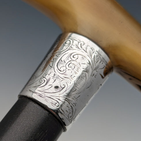 アンティーク 紳士用ステッキ ホーン クラッチハンドル ブラックシャフト 純銀装飾 90cm